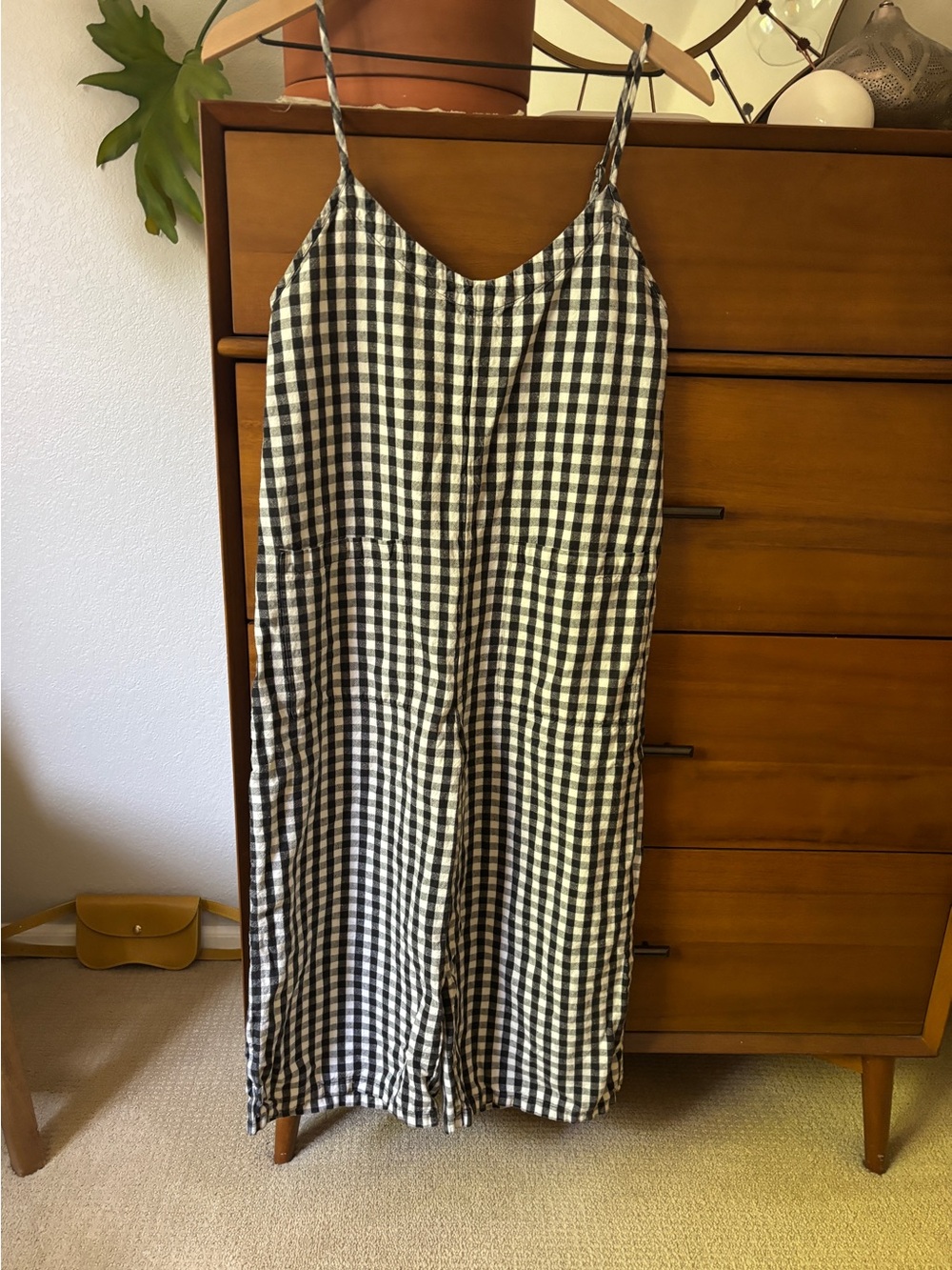 Ali Golden Linen Blend Gingham Jumpsuit Romper XS